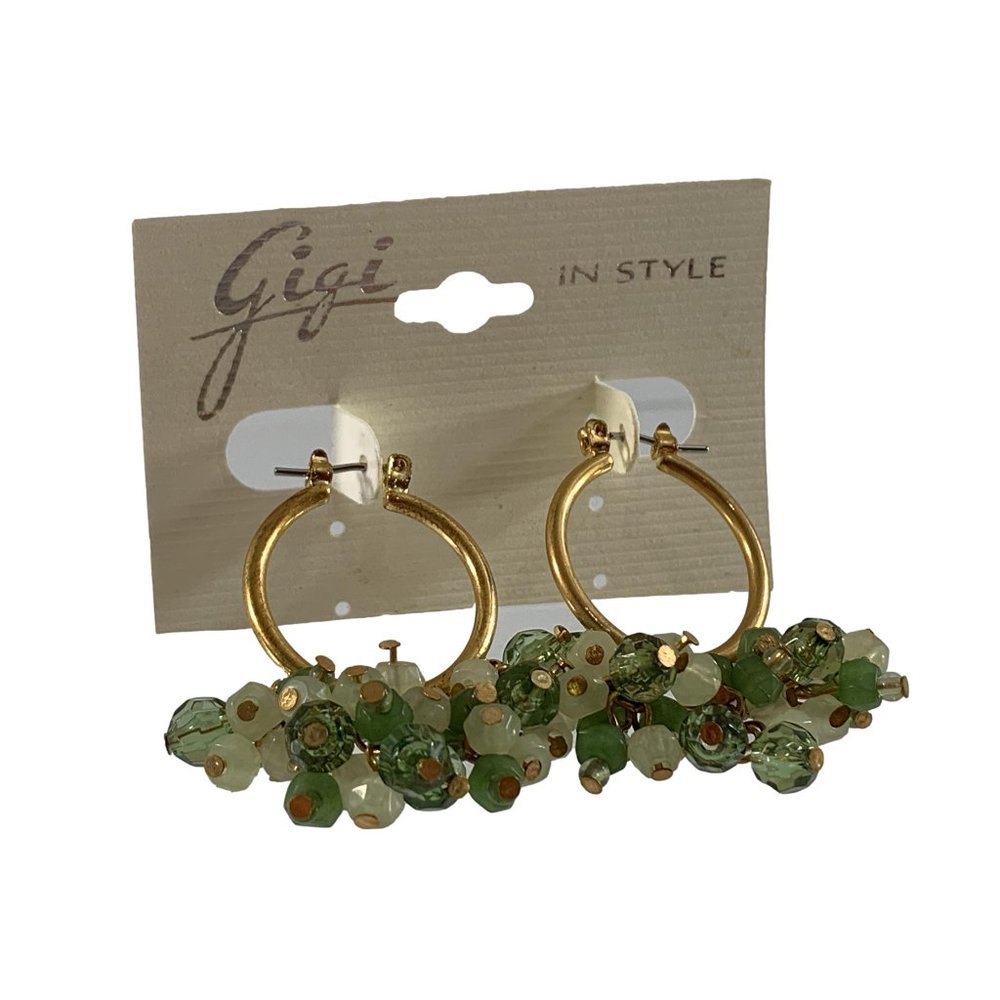 Gigi In Style Gold Tone Earrings Cluster Two Tone Green Beads Hoops 1.75" Long